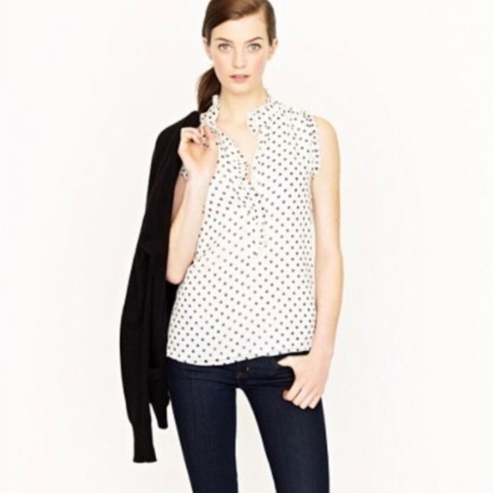 J.Crew White and Black Polka Dot Sleeveless Tank Top w Ruffle Blouse Size 4